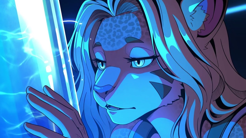 Fel bathed in blue light beside the Kryptosis pod