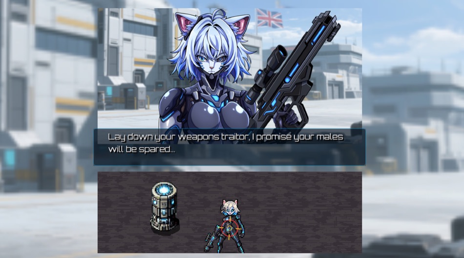 In-game screenshot: armed Sekarri delivering an ultimatum above an RTS battlefield