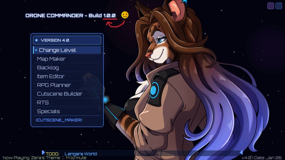 Drone Commander Build 1.0.0 title screen with developer menu