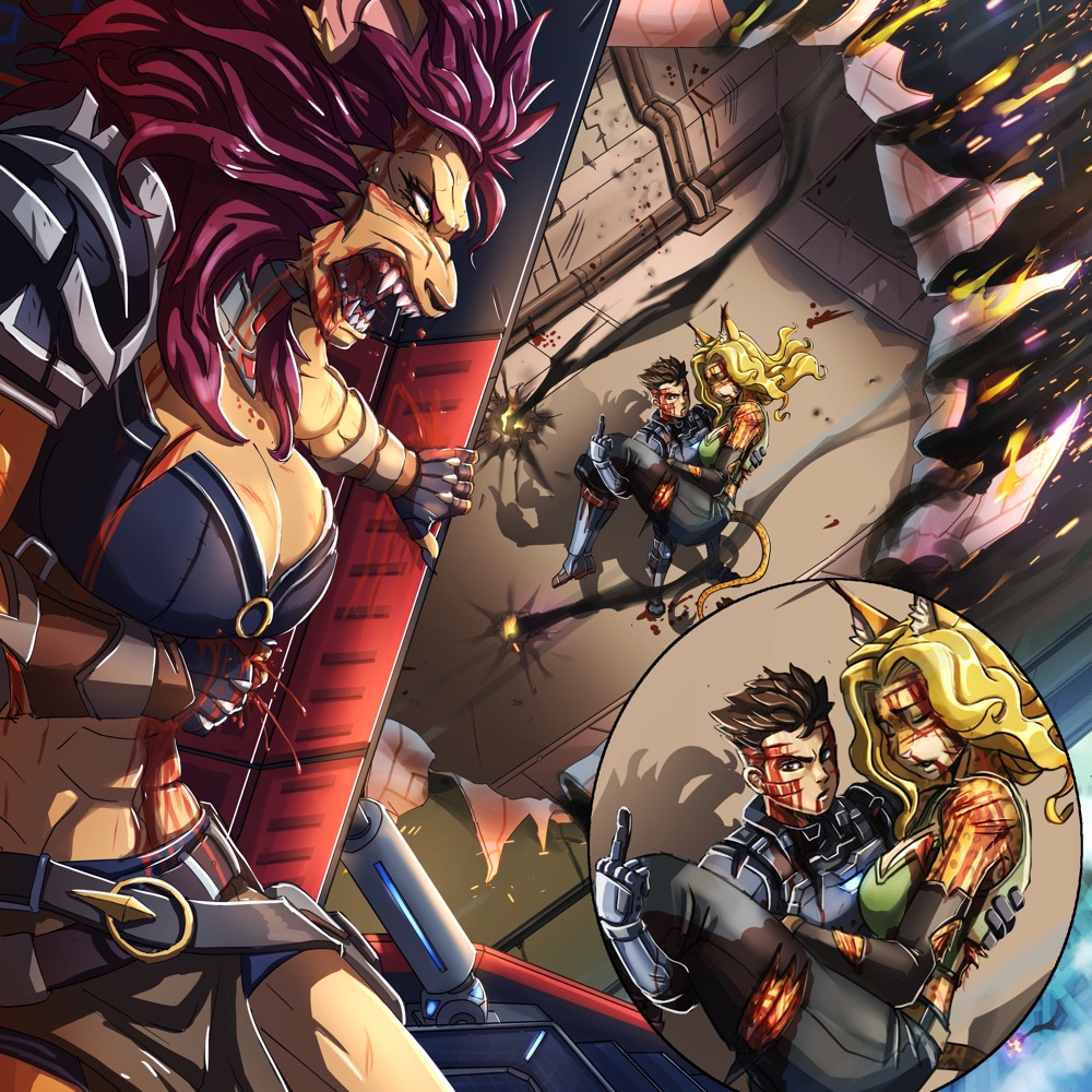 Storyboard art of Neph in battle with Straker and a companion