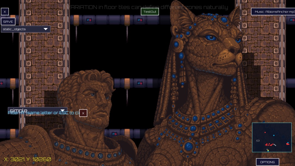 Level editor showing giant Sekarri statues in Albion's Anchor