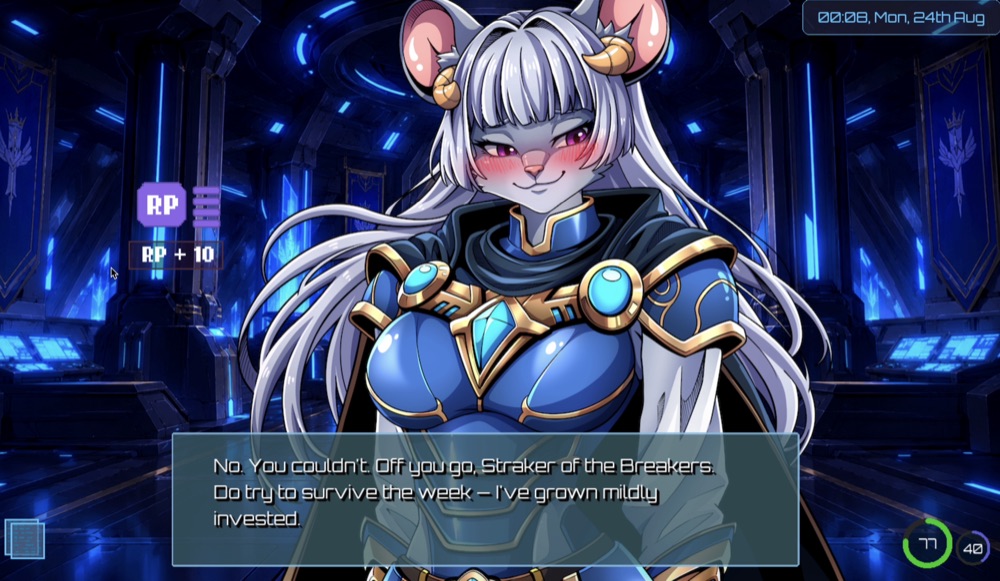 Vionite noble in blue and gold armour: 'Do try to survive the week — I've grown mildly invested.'