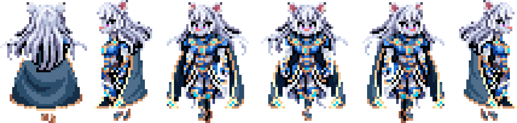 Oryen's pixel-art sprite turnaround: back, side, front and three-quarter views