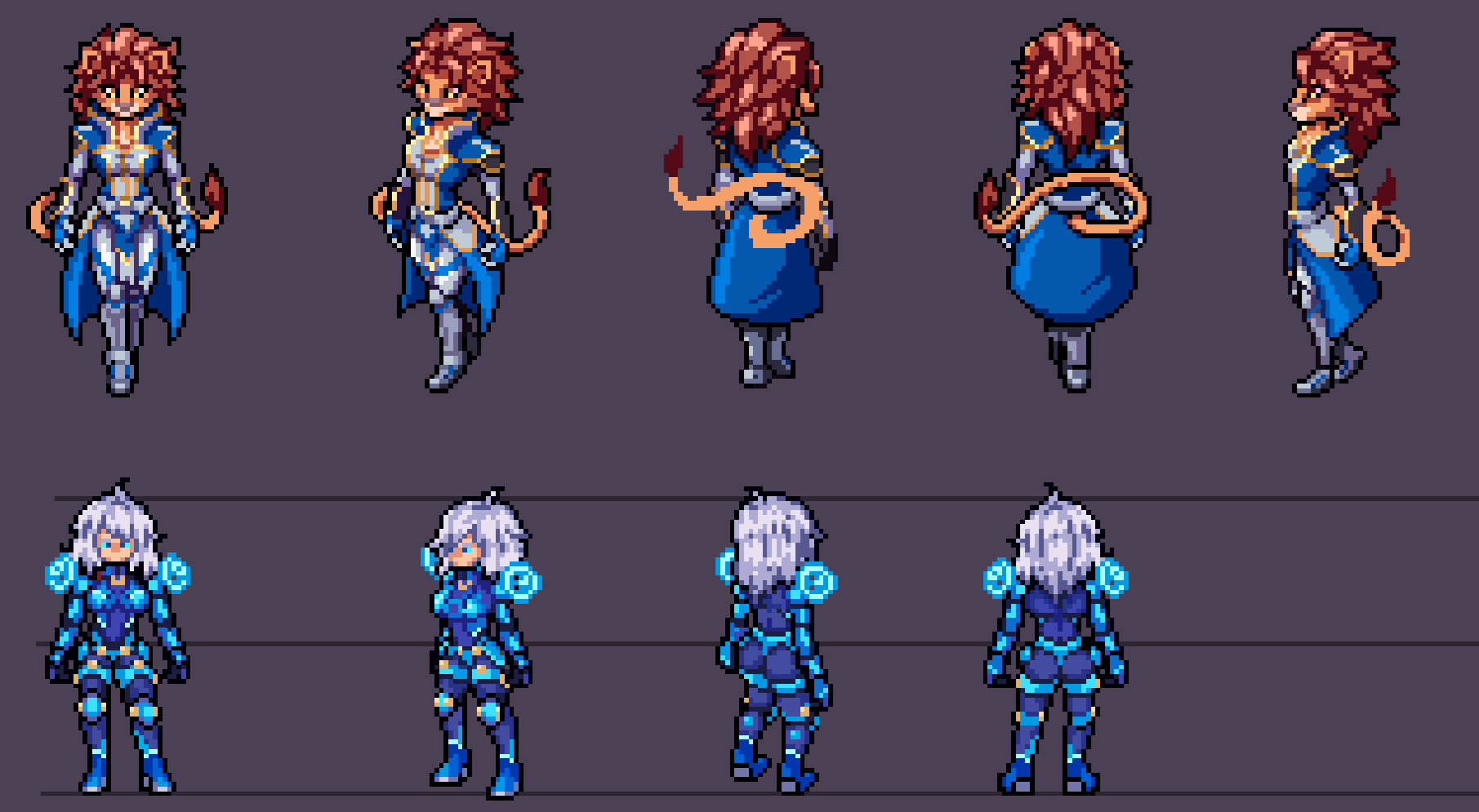 Pixel-art sprite turnarounds: Tiff (top row) and Amu (bottom row)