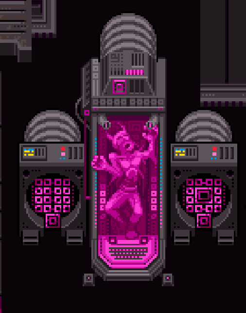 Pixel-art figure suspended in a pink stasis tube