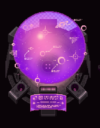 Pixel-art purple sphere console mapping star systems