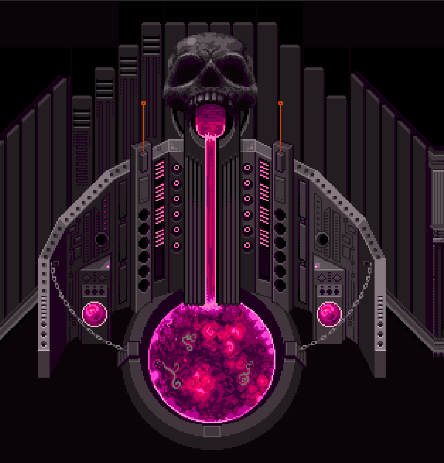 Pixel-art skull fountain pouring glowing liquid into a vat