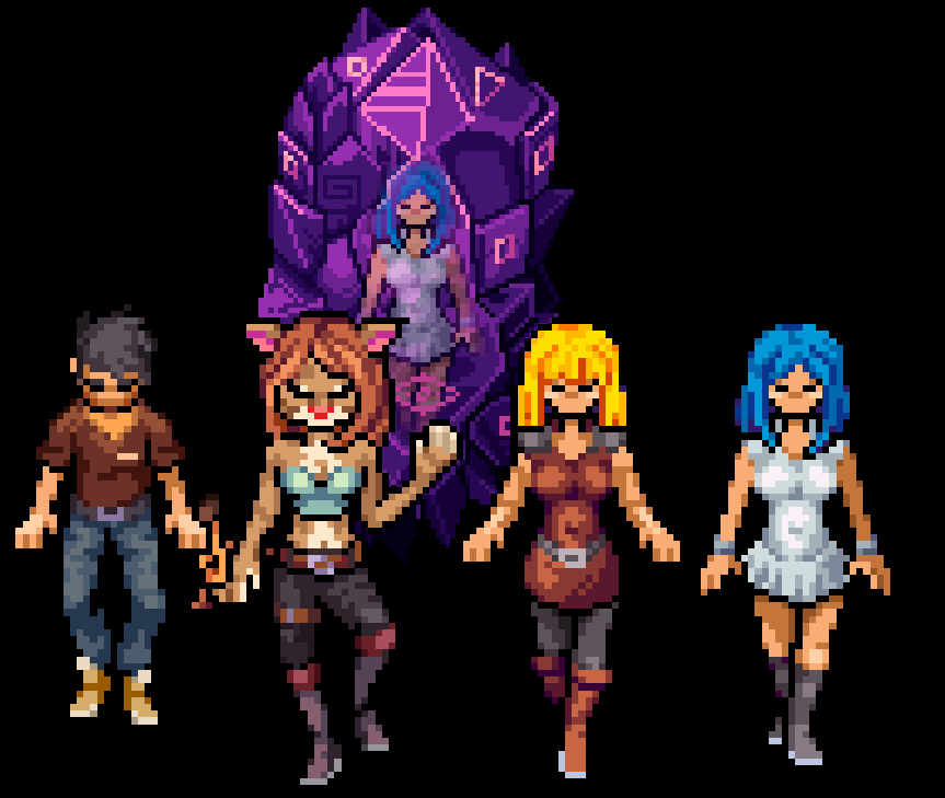 Pixel-art freed prisoners walking away from a purple crystal